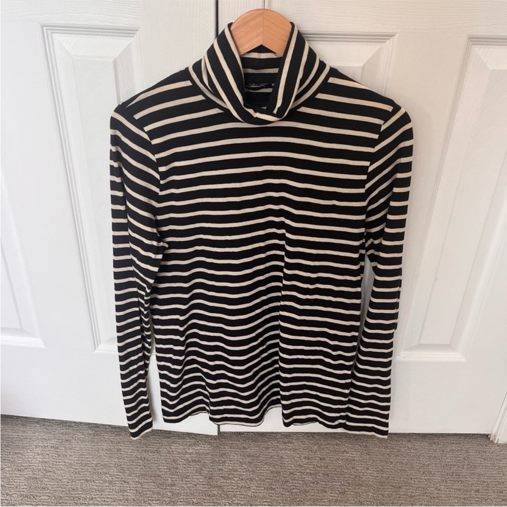 White and Navy Striped Turtleneck Top
